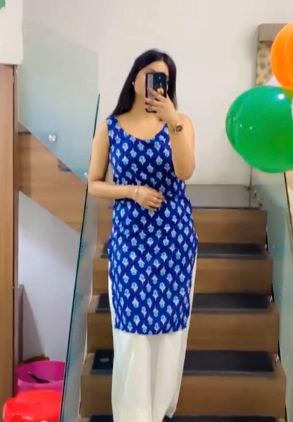 Blue Floral Screen Print Spaghetti Dress