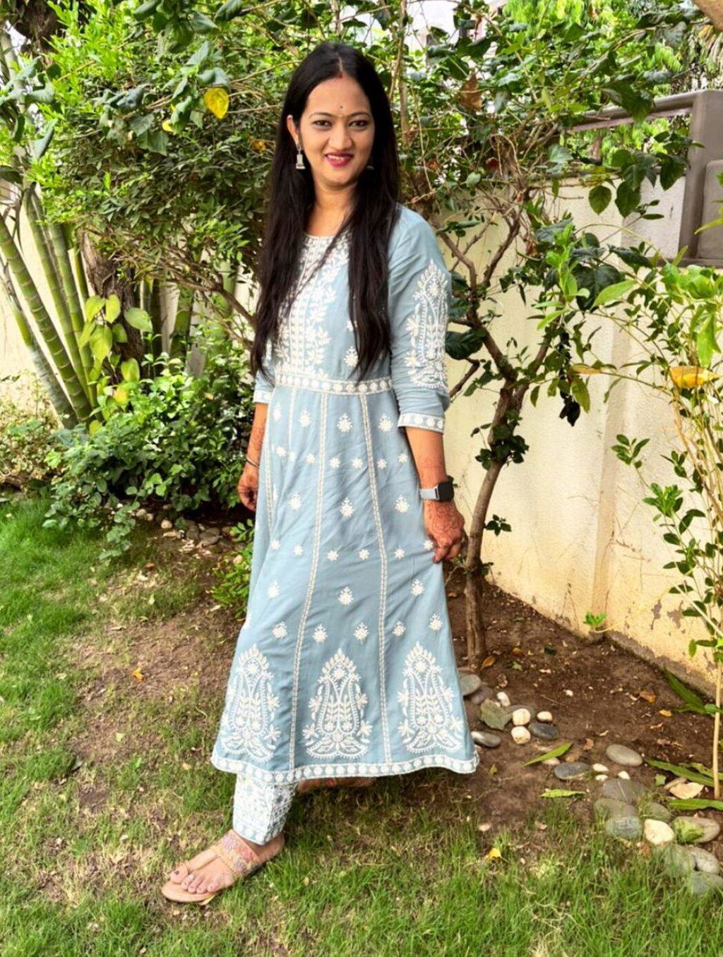 Blue Floral Screen Print Spaghetti Dress