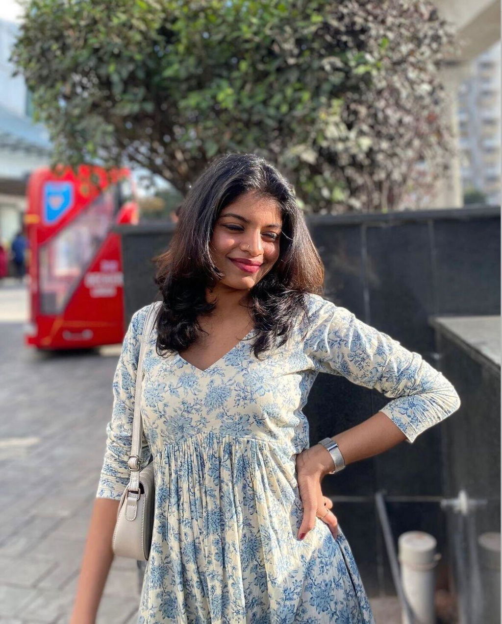 Blue Floral Screen Print Spaghetti Dress