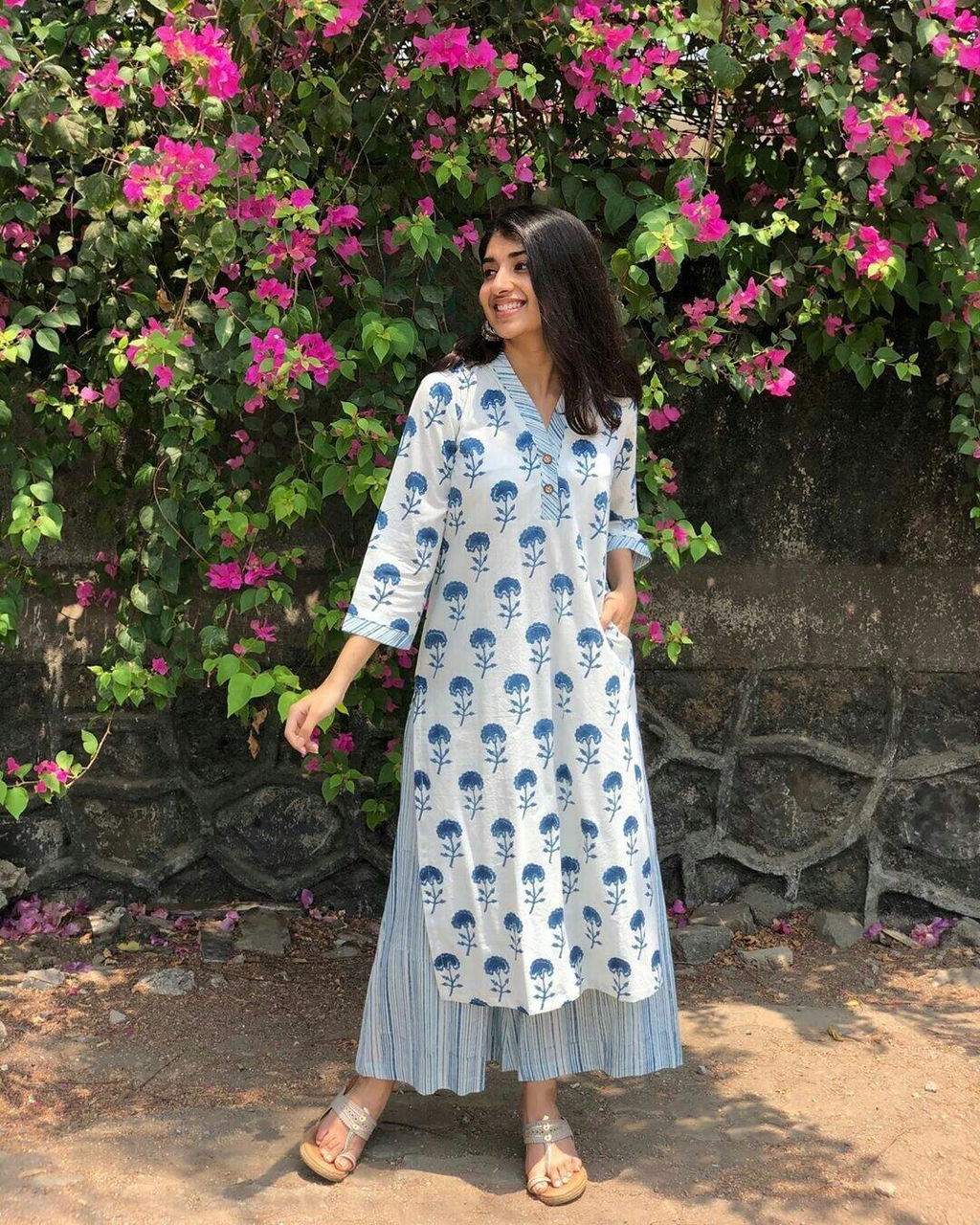 Blue Floral Screen Print Spaghetti Dress