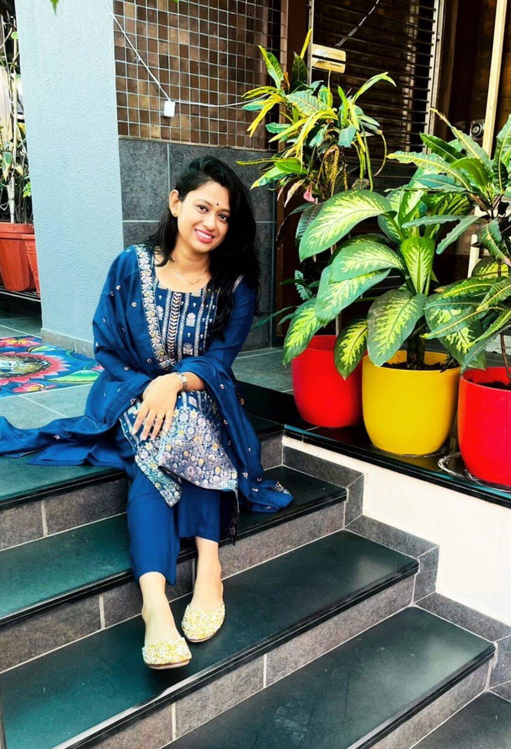 Blue Floral Screen Print Spaghetti Dress