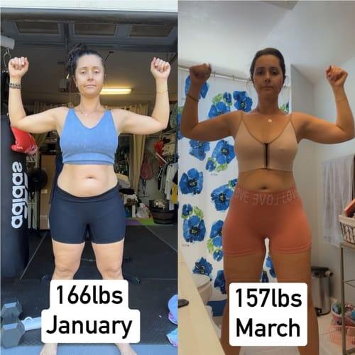 Dominique B. before and after, 166lbs to 157lbs