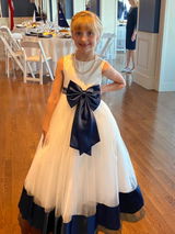 Princess Ivory Satin Tulle Flower Girl Dress, Navy Blue Belt\Bow