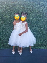 A-line Deep V Back Ivory Lace Flower Girl Dress, Navy Blue Bow