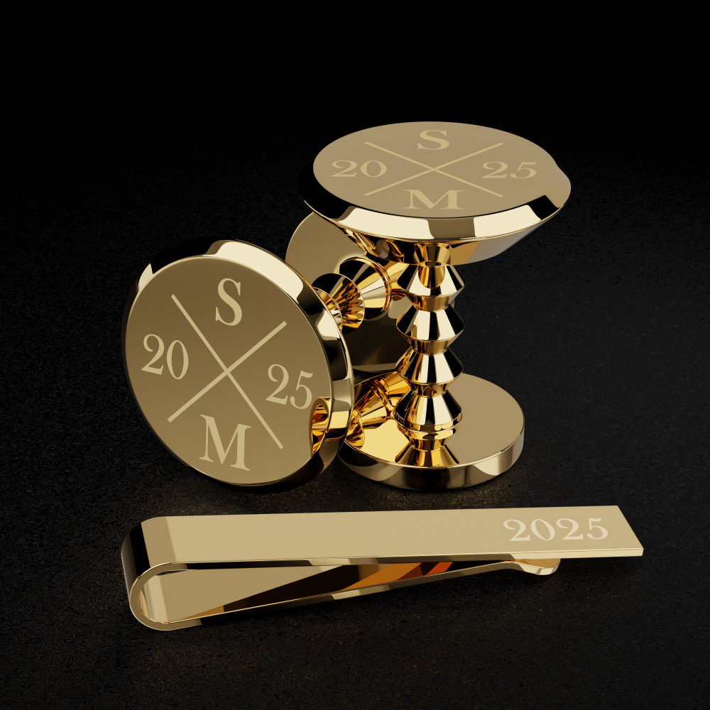 Personalised Gold Cufflink and Tie Clip Gift Set | Wedding Morning Keepsake | Chelsea Design