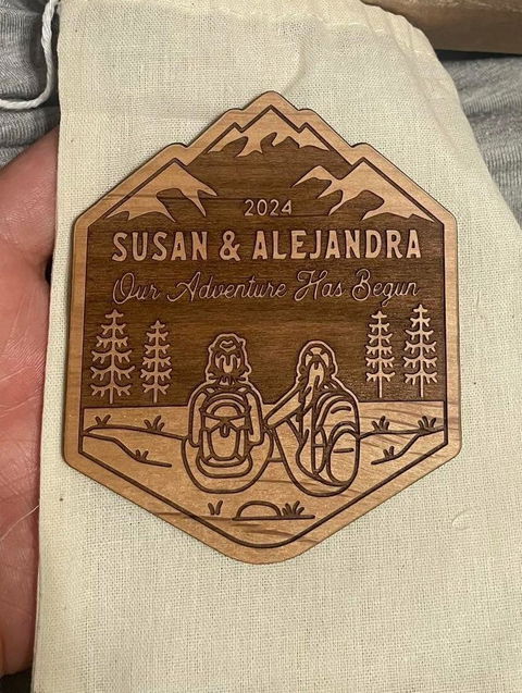 Mountain Hiking Couple Wood Magnet