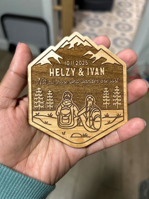 Mountain Hiking Couple Wood Magnet