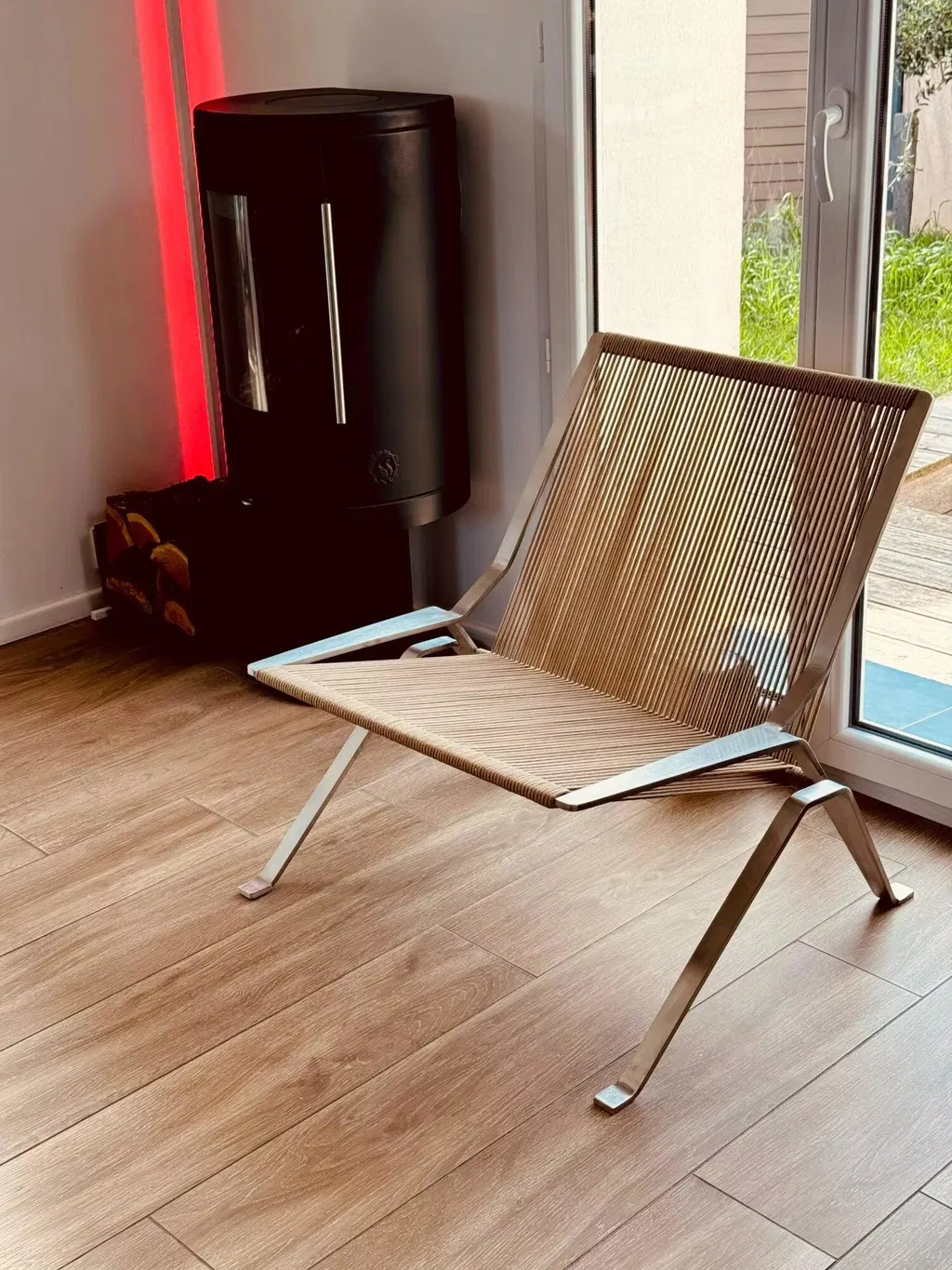 MOMO Stainless Steel Lounge Chair | Woven Rope Seat | PK25-Inspired Armless Accent Chair