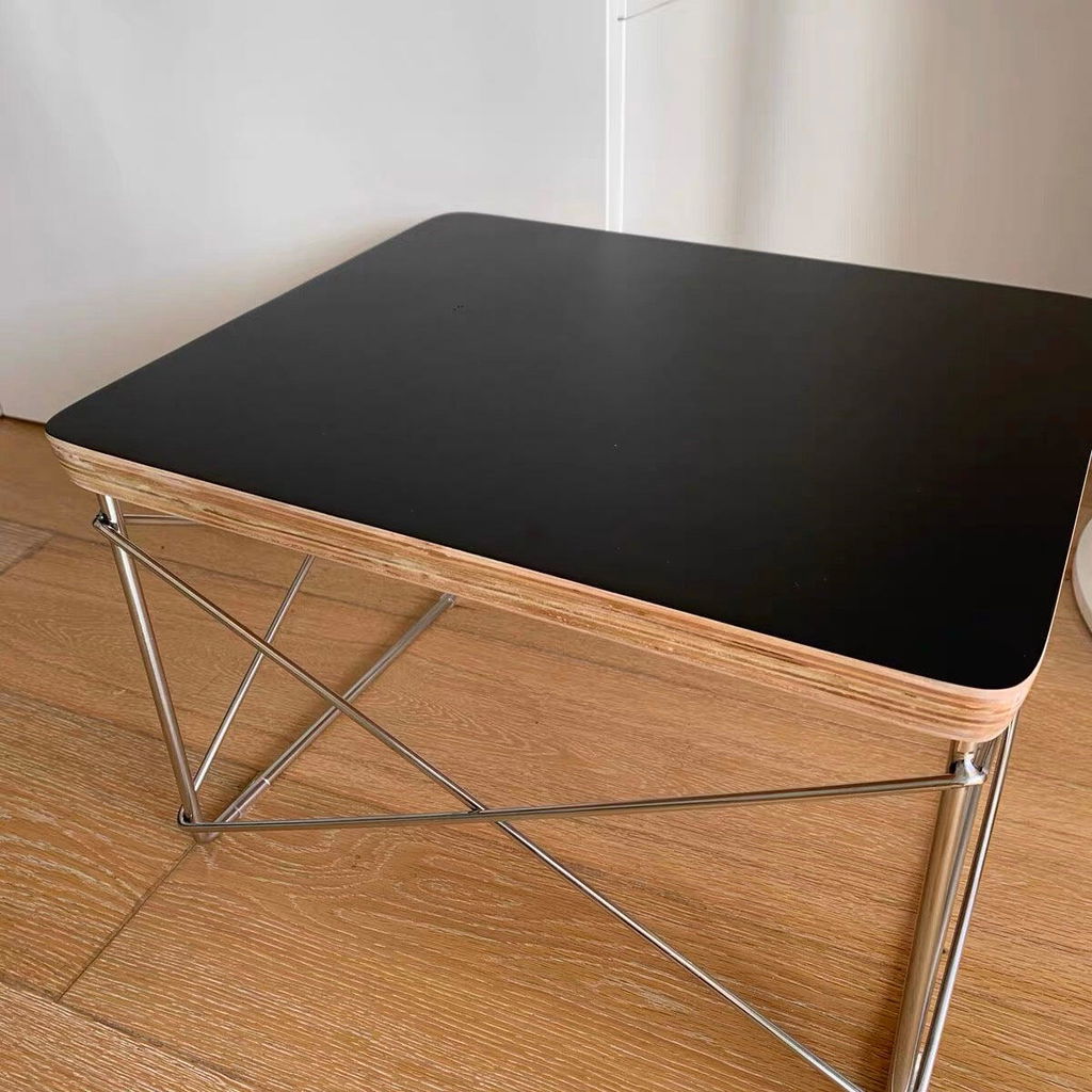 MOMO Wire-Base Side Table | Eames-Inspired Plywood Top with Chrome Cross-Wire Frame