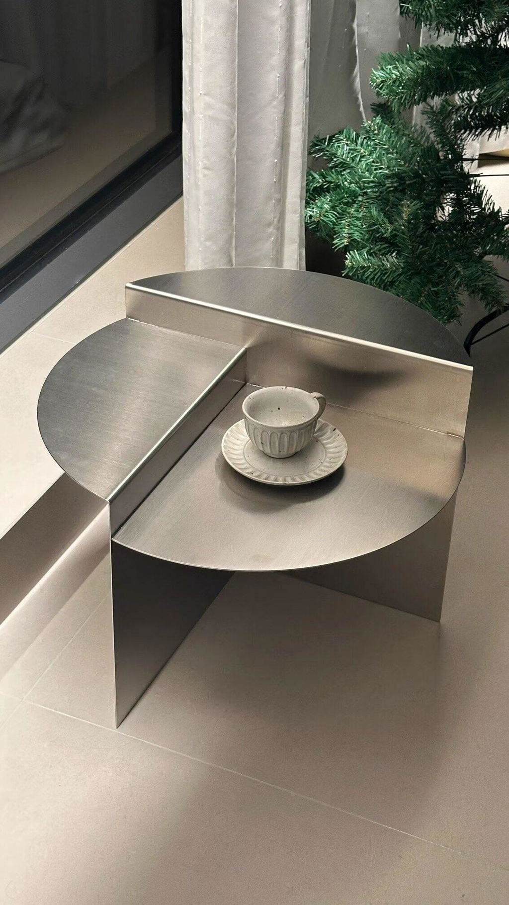 MOMO Stainless Steel Coffee Table | Brushed Steel Round Table | Wabi-Sabi Minimalist