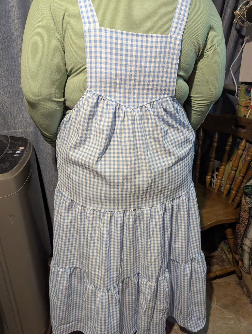 Plus Size Plaid Overall Dress with Pockets - Sky Blue