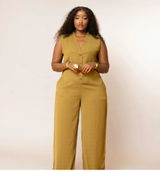 Button Front Wide Leg Jumpsuit - Olive