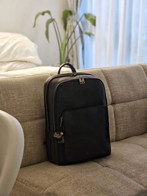 Rectangular design genuine cowhide leather backpack with luggage/trolley sleeve