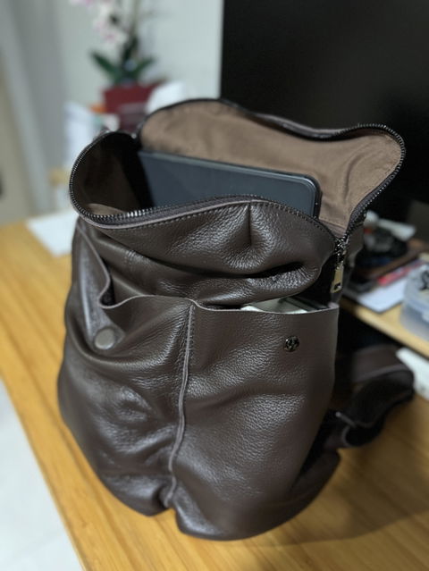 Snap design genuine cowhide leather backpack with strap pouch