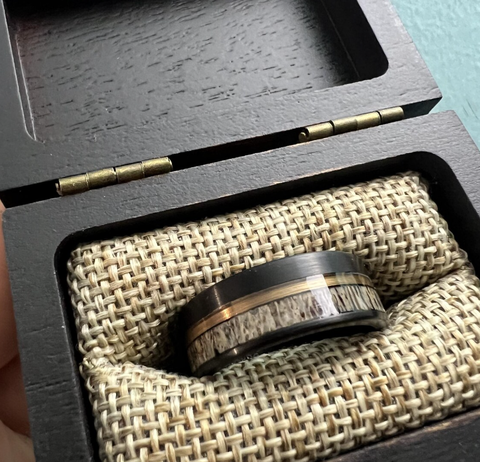 "Huntsman"  Deer Antler, Rose Gold Strip, Black Tungsten Carbide-8mm