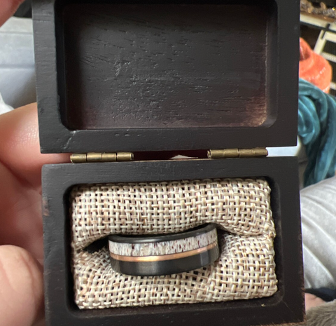"Huntsman"  Deer Antler, Rose Gold Strip, Black Tungsten Carbide-8mm