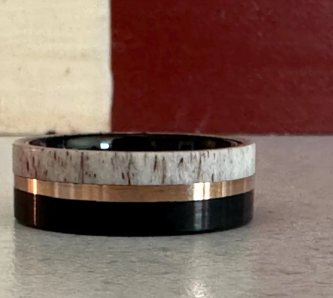 "Huntsman"  Deer Antler, Rose Gold Strip, Black Tungsten Carbide-8mm