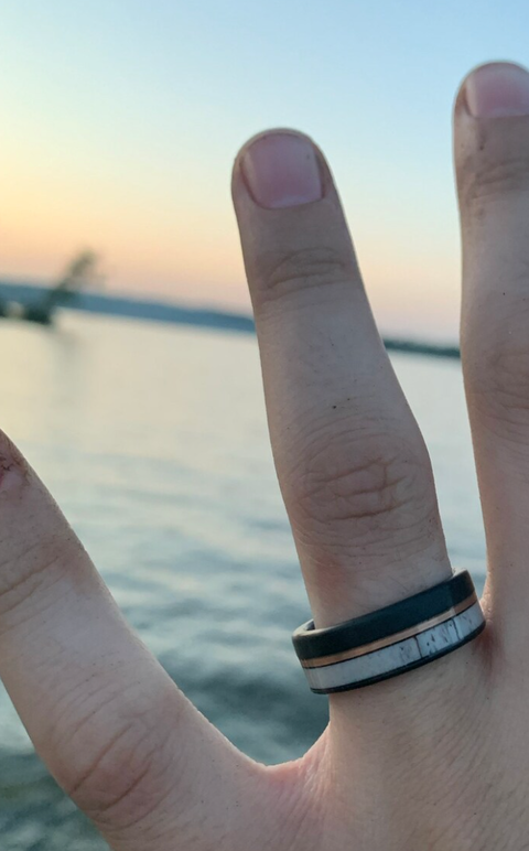 "Huntsman"  Deer Antler, Rose Gold Strip, Black Tungsten Carbide-8mm