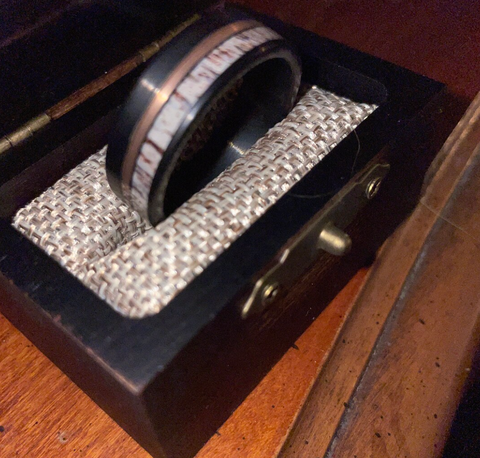 "Huntsman"  Deer Antler, Rose Gold Strip, Black Tungsten Carbide-8mm