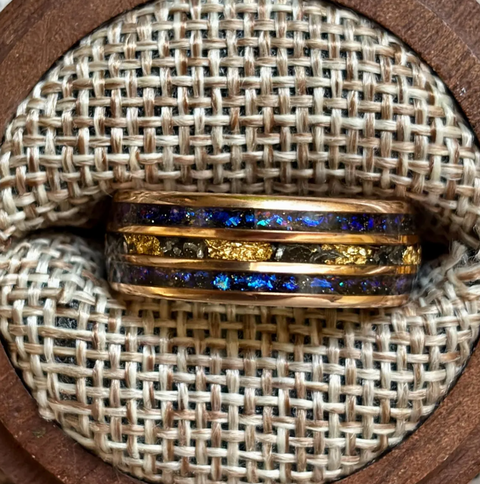 "Monaco" Rose Gold Blue Opal Meteorite Tungsten Ring 24K Gold Leaf Men's Wedding Band, 8mm