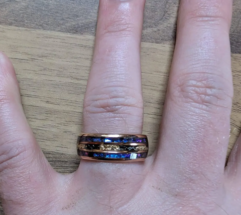 "Monaco" Rose Gold Blue Opal Meteorite Tungsten Ring 24K Gold Leaf Men's Wedding Band, 8mm