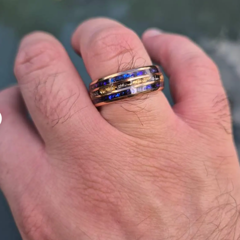 "Monaco" Rose Gold Blue Opal Meteorite Tungsten Ring 24K Gold Leaf Men's Wedding Band, 8mm