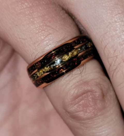 "Crimsonite" Men's Black Tungsten Meteorite Wedding Band, Red Garnet Rose Gold Ring, Gift for Him, 8mm