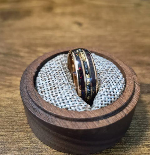 "Crimsonite" Men's Black Tungsten Meteorite Wedding Band, Red Garnet Rose Gold Ring, Gift for Him, 8mm