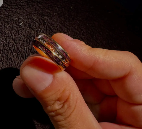 "Crimsonite" Men's Black Tungsten Meteorite Wedding Band, Red Garnet Rose Gold Ring, Gift for Him, 8mm