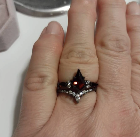 "Shadow Ember" – Kite-Cut Red Garnet & Diamond Accents Black Rhodium Sterling Silver Engagement Ring
