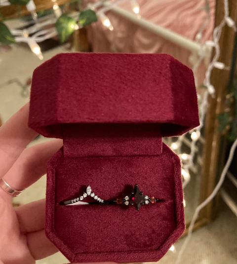 "Shadow Ember" – Kite-Cut Red Garnet & Diamond Accents Black Rhodium Sterling Silver Engagement Ring
