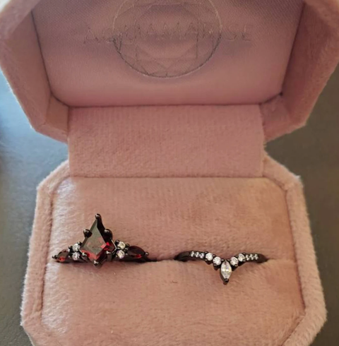 "Shadow Ember" – Kite-Cut Red Garnet & Diamond Accents Black Rhodium Sterling Silver Engagement Ring