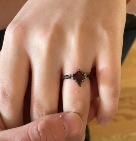 "Shadow Ember" – Kite-Cut Red Garnet & Diamond Accents Black Rhodium Sterling Silver Engagement Ring