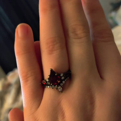 "Shadow Ember" – Kite-Cut Red Garnet & Diamond Accents Black Rhodium Sterling Silver Engagement Ring
