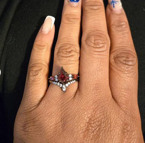 "Shadow Ember" – Kite-Cut Red Garnet & Diamond Accents Black Rhodium Sterling Silver Engagement Ring