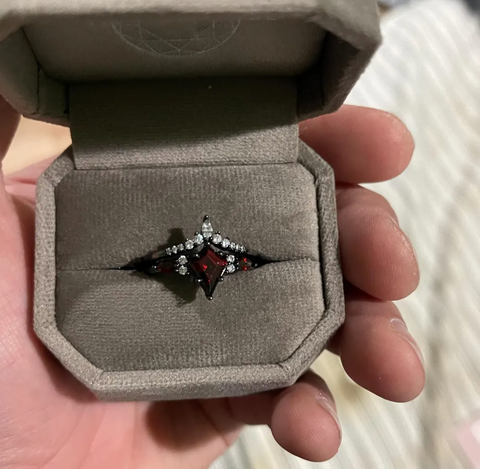"Shadow Ember" – Kite-Cut Red Garnet & Diamond Accents Black Rhodium Sterling Silver Engagement Ring