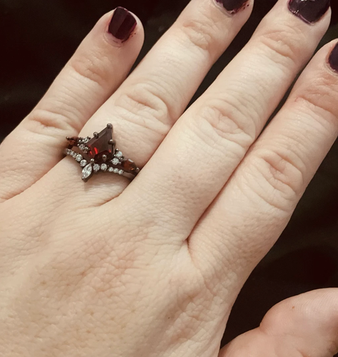 "Shadow Ember" – Kite-Cut Red Garnet & Diamond Accents Black Rhodium Sterling Silver Engagement Ring