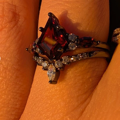"Shadow Ember" – Kite-Cut Red Garnet & Diamond Accents Black Rhodium Sterling Silver Engagement Ring