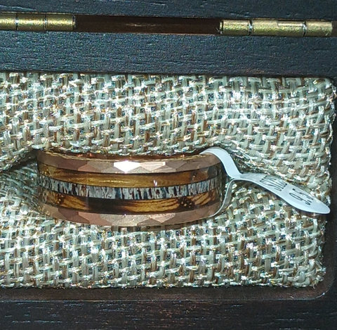 "Elk" Deer Antler, Whiskey Barrel Wood, Rose Gold Hammered Tungsten Carbide, Men's Wedding Band-8mm