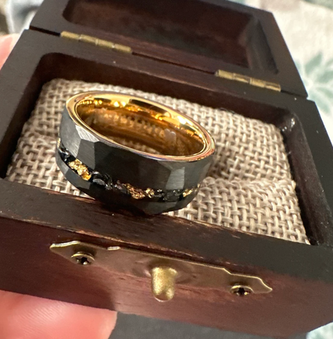 "Thor" Meteorite, 24k Gold Leaf Inlay, Black Tungsten Carbide, Hammered Design-8mm