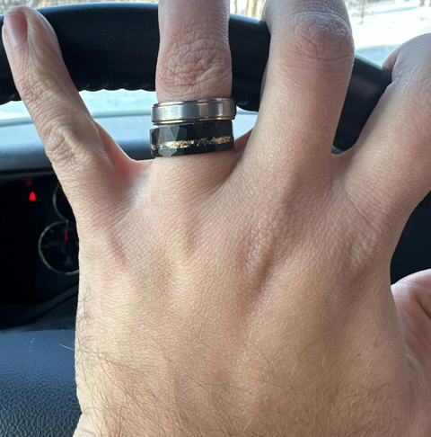 "Thor" Meteorite, 24k Gold Leaf Inlay, Black Tungsten Carbide, Hammered Design-8mm