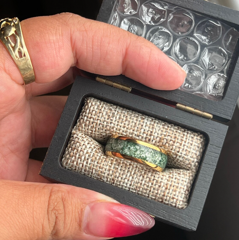 "Golden Grove 08" Green Moss Agate Inlay Yellow Gold Tungsten 8mm Wedding Band  for Him