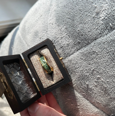 "Golden Grove 08" Green Moss Agate Inlay Yellow Gold Tungsten 8mm Wedding Band  for Him