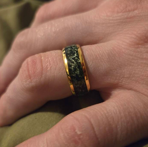 "Golden Grove 08" Green Moss Agate Inlay Yellow Gold Tungsten 8mm Wedding Band  for Him