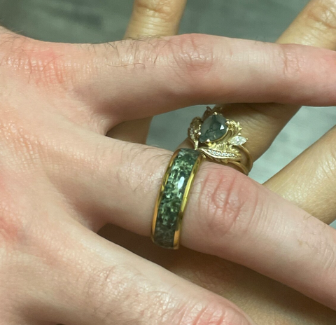 "Golden Grove 08" Green Moss Agate Inlay Yellow Gold Tungsten 8mm Wedding Band  for Him