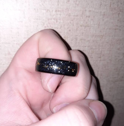 "Stell Flakes" – Galaxy-Inspired Sandstone & Gold Flakes with Black Dome Tungsten Wedding Band -8mm