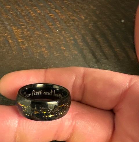 "Stell Flakes" – Galaxy-Inspired Sandstone & Gold Flakes with Black Dome Tungsten Wedding Band -8mm