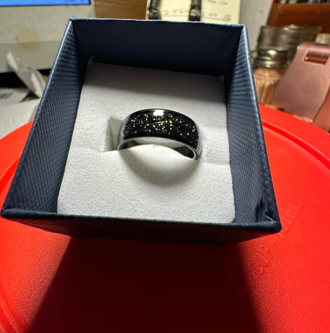 "Stell Flakes" – Galaxy-Inspired Sandstone & Gold Flakes with Black Dome Tungsten Wedding Band -8mm