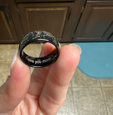 "Stell Flakes" – Galaxy-Inspired Sandstone & Gold Flakes with Black Dome Tungsten Wedding Band -8mm