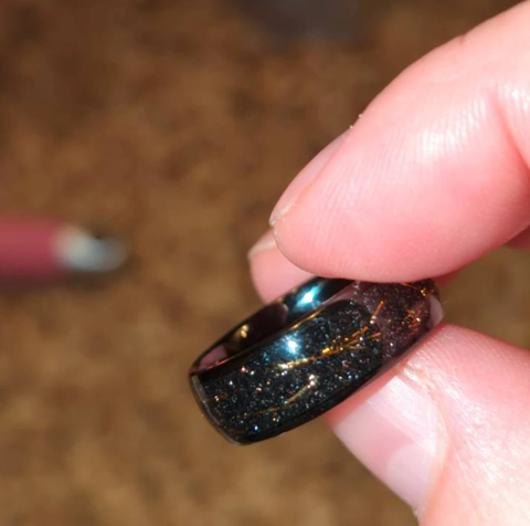 "Stell Flakes" – Galaxy-Inspired Sandstone & Gold Flakes with Black Dome Tungsten Wedding Band -8mm